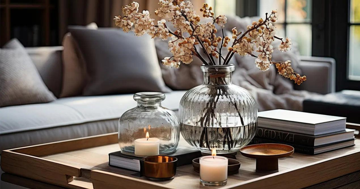 The image is a stylized, AI-generated scene featuring coffee table decor. The book on the right side of the tray contains faint, abstract textures on its spine meant to mimic lettering (resembling characters like OGDAIZ), but it does not form actual words.