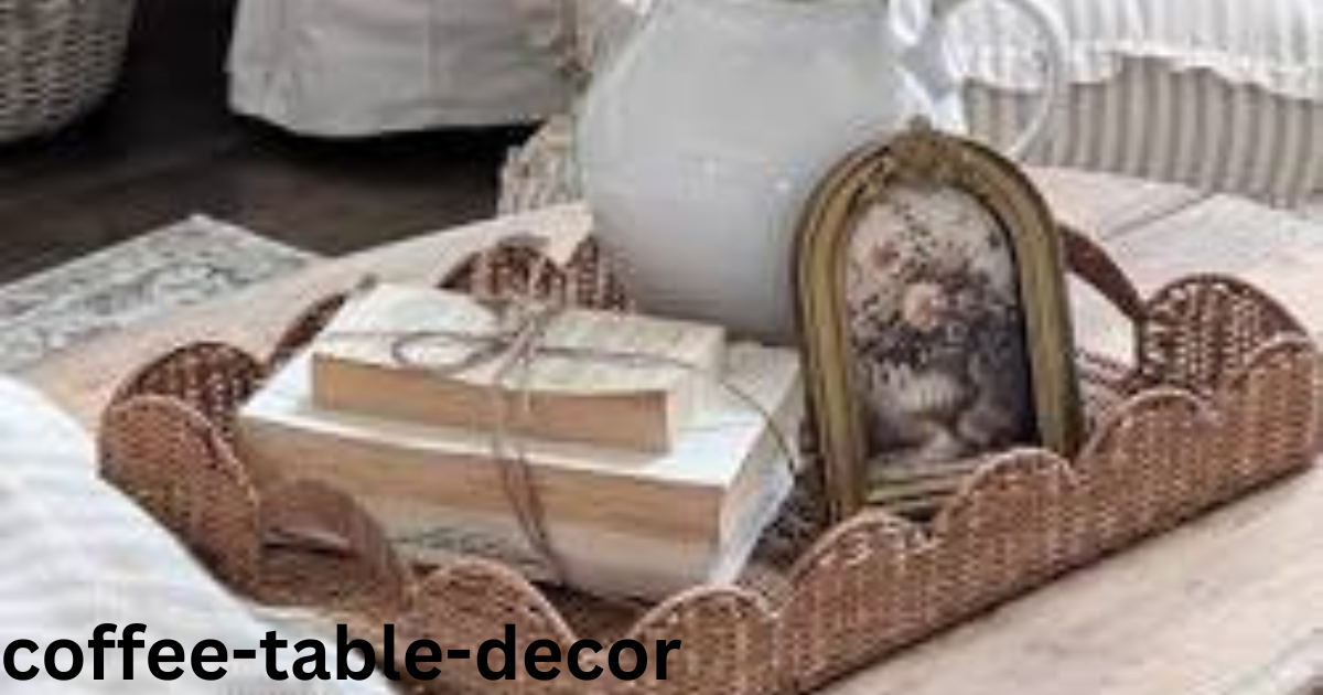 The books and other decorative items in the tray are turned so that their spines, pages, or surfaces do not show any readable text or titles.