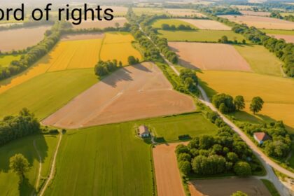 Aerial view of rural land plots and agricultural fields with the text "record of rights" overlaid on top.