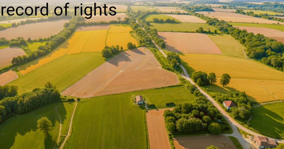 Aerial view of rural land plots and agricultural fields with the text "record of rights" overlaid on top.